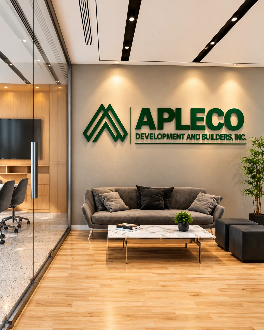 Reception area with the APLECO Development and Builders, Inc. logo on the wall