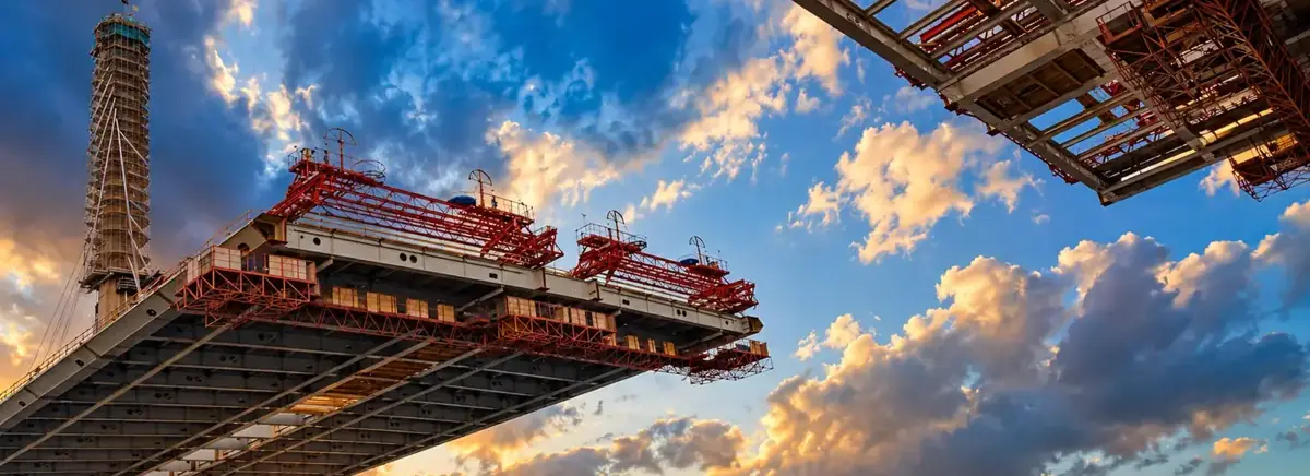 Bridge deck under construction seen from below at sunset