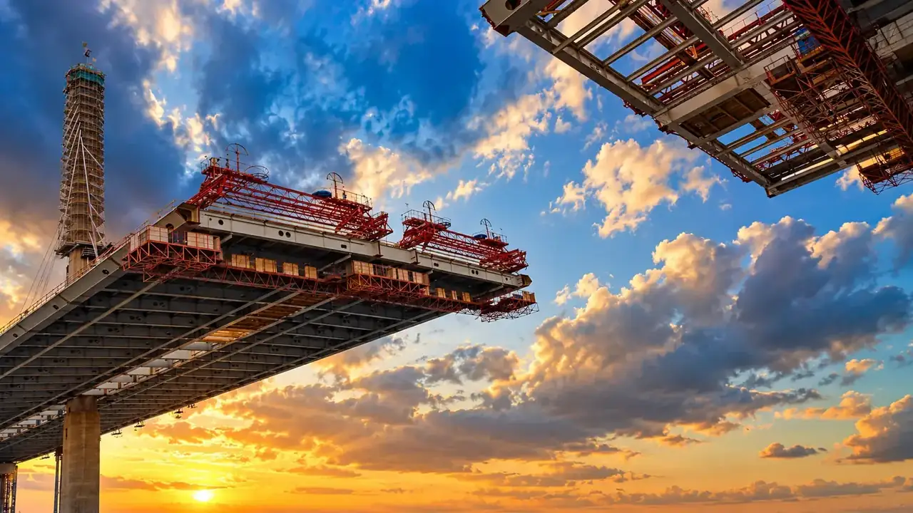 Bridge deck under construction seen from below at sunset