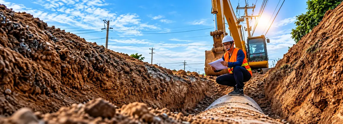 Engineer inspecting a drainage pipe laid in a trench