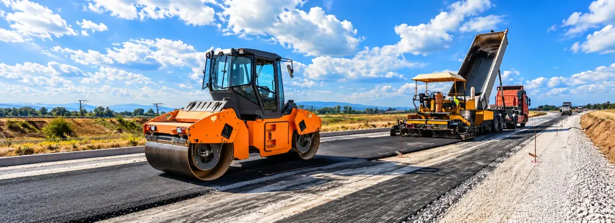 Road roller and asphalt paver working on a new road