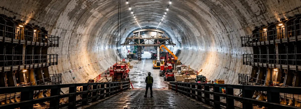 Tunnel interior under construction with lining and work lights