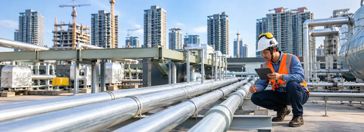 Engineer checking steel water pipelines on site